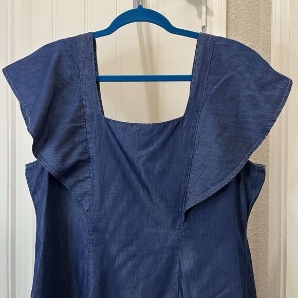 A New Approach Chambray Button Up Dress Ruffle Short Sleeve Womens Size L Blue - Picture 7 of 9